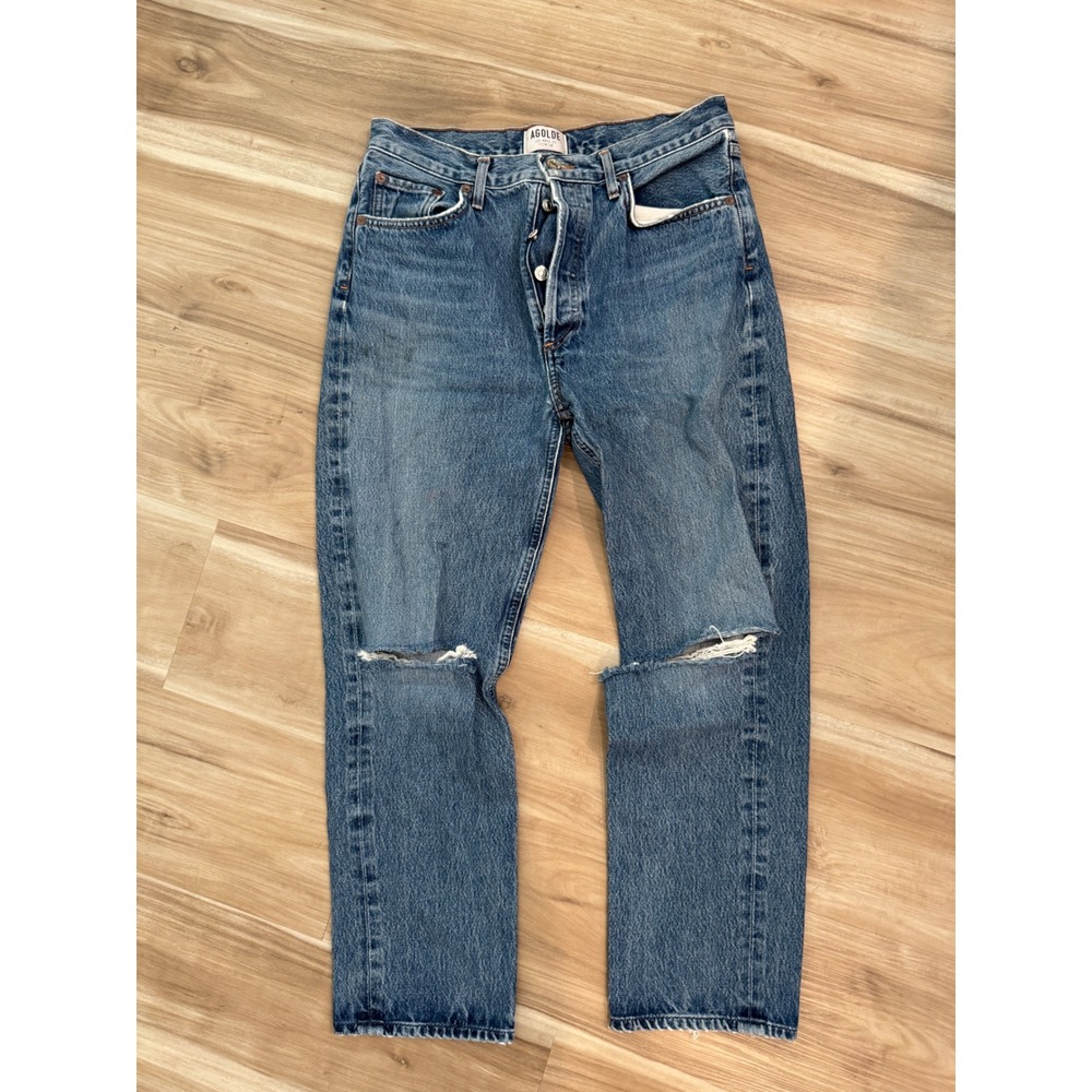 AGOLDE Los Angeles Premium Denim Jeans Distressed Ripped‎ Knee Blue Wash E1